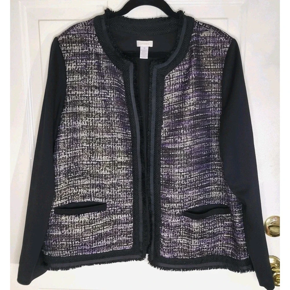 Chico's Size 3 (US 16) Metallic Tweed Open Front Blazer – Black Purple Jacket
